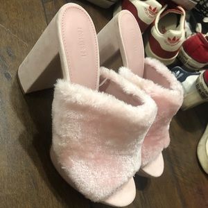 Pink fur mules